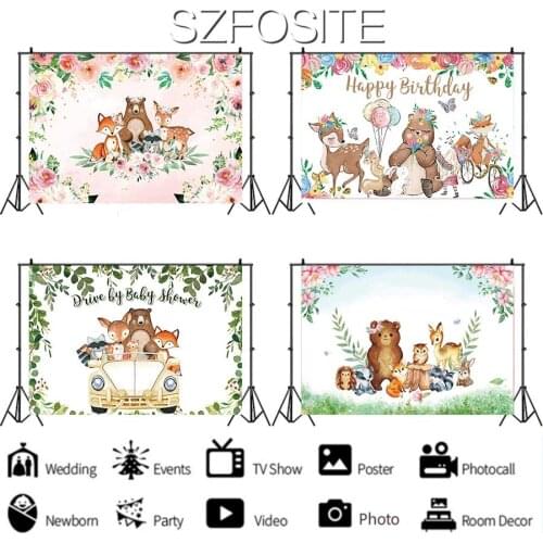 Cartoon Flowers Lion Elephant Bear Animal Backdrop Baby Birthday Party Decoration Photography Photo Kids Custom Vinyl Background