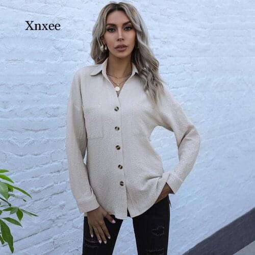 2021 Spring Autumn Turn Down Collar Women Tops and Bloues Solid Color Button Casual Ladies Tops