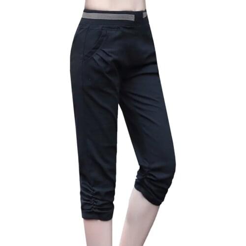Plus Size Women 2020 Summer Casual Calf-Length Skinny Pants Ladies High Waist Harem Capris Elastic Cotton Linen Trousers