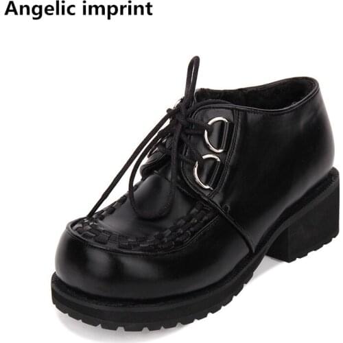 Angelic imprint woman mori girl lolita cosplay punk shoes lady mid heels pumps wedges women princess dress party shoes lace up