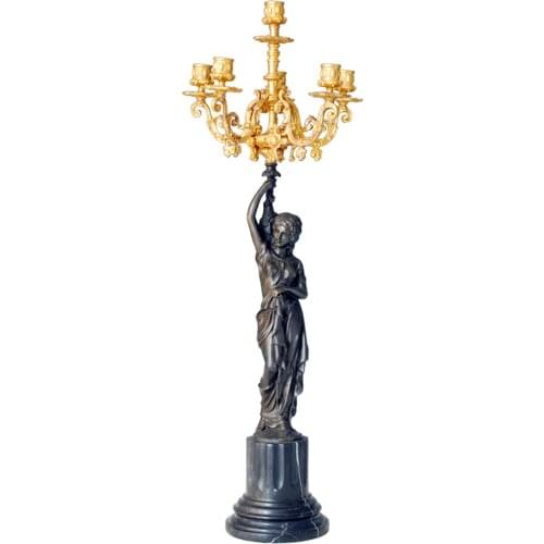 Bronze Girl Candlestick with 5 Holders Statue Sculpture Real Gold Plated Antique Candleholder Art Home Villa Decoration