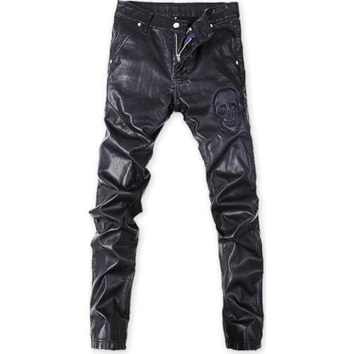 Patchwork PU Leather Pant Men Punk Style Skull Print Slim Fit Hip Hop Faux Leather Motorcycle Trousers For Male Stage Club Wea