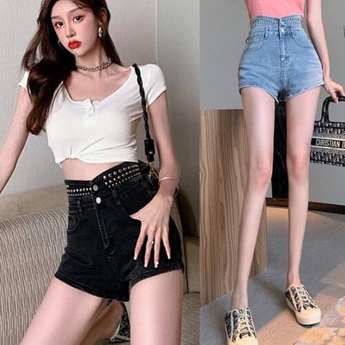 European and American heavy industry rivet street punk denim shorts female 2021 summer new fashionable elastic slim shorts
