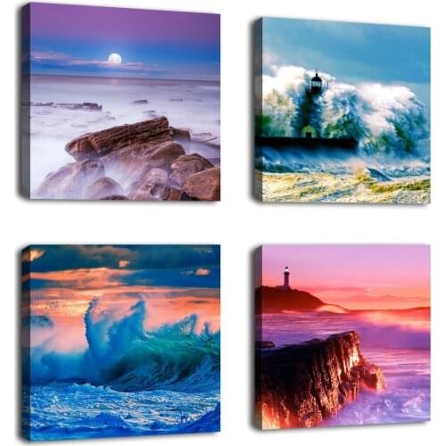 Canvas Wall Art Sunset Coast Beach Lighthouse Wall Decorative Canvas Artwork Nature Picture Ocean Contemporary Art Painting