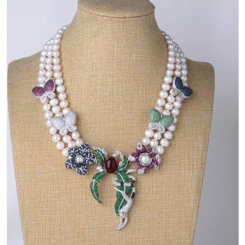 18" 3 Rows White Round Pearl Necklace Cz Pave Pendant With match Earring Set