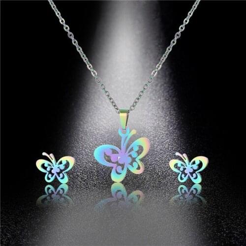 Colorful Stainless Steel Jewelry Sets Butterfly Necklace Minimalism Hollow Animal Choker Pendant Necklaces Femme Fashion Collier