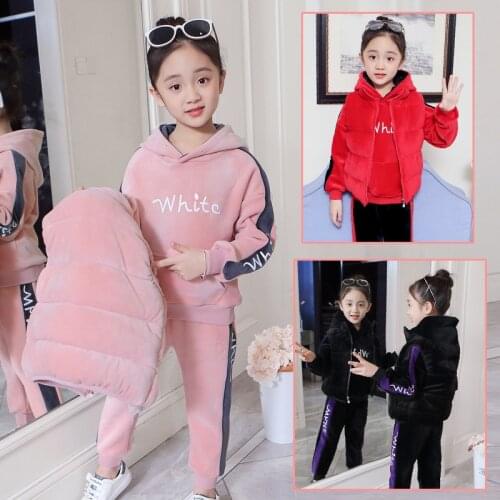 Girls gold velvet sweater pants vest three-piece Girl plus velvet warm casual three-piece suit Girl cold warm suit