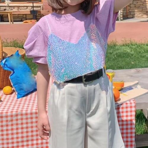 2021 New Summer Suit Korean Baby Clothes Sequin Fake Two Shirt+Short 2Pcs Girl Set Kids Sets Childrens Clothing