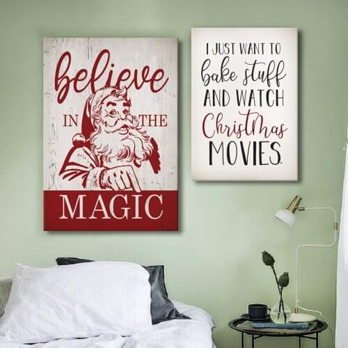 Cartoon Christmas Santa Believe in The Magic Decorative Wall Art Canvas Print Posters Canvas Paintings Kids Room Wall Home Decor