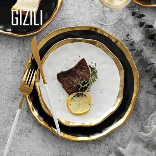 Nordic Ceramic Dinner Plate Set Fruit Salad Dessert Steak Plate Gilt Rim Black Porcelain Tray Kitchen Tableware Trays Decorative