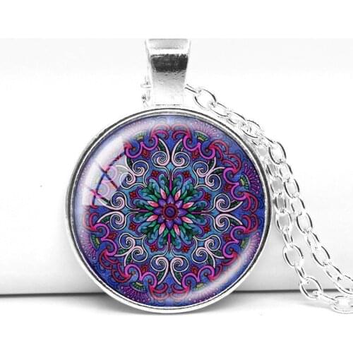 Newest 2017 vintage colorful india mandala necklace & pendants glass cabochon necklace bronze chain cheap sale