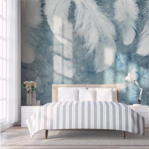 Custom Mural Wallpaper Minimalism Beautiful Blue Watercolor White Feathers Background Wall Painting