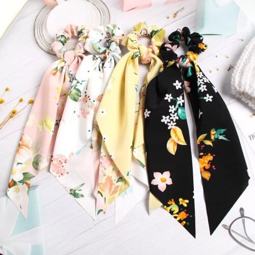 Florals Print Bow Satin Long Ribbon Ponytail Scarf Hair Tie Scrunchies Women Girls Elastic Casual Hair Bands Hair Accessories