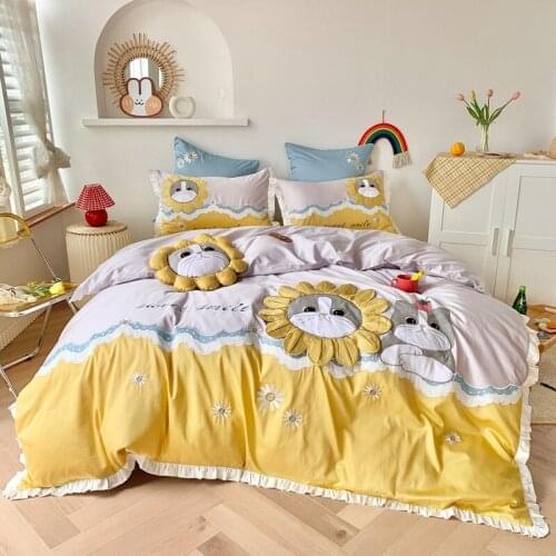 Cartoon Cat 60s Egyptian Cotton Embroidery Duvet Cover Bed Linen Fitted Sheet Pillowcases Bedclothes Home Textiles Childs Gift