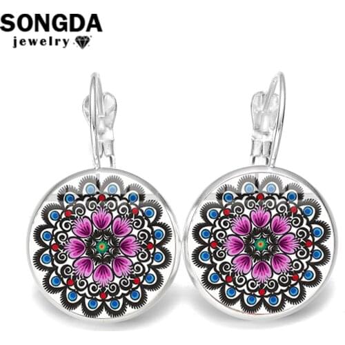SONGDA Charm Polish Folk Pattern Earrings Bohemia Art Vintage Round Ear Pendant Party Decor Silver Color Stud Earrings for Women