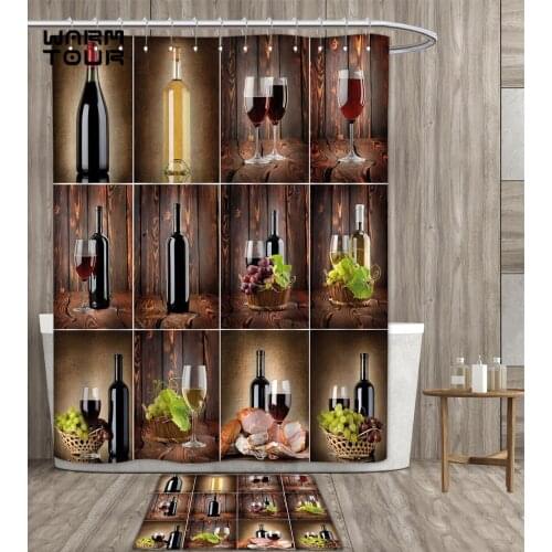 Wine Shower Curtain Polyester Fabric Art Wine Themed Wooden Backdrop with Grapes Meat Rustic Country Drink Bathroom Decor Set