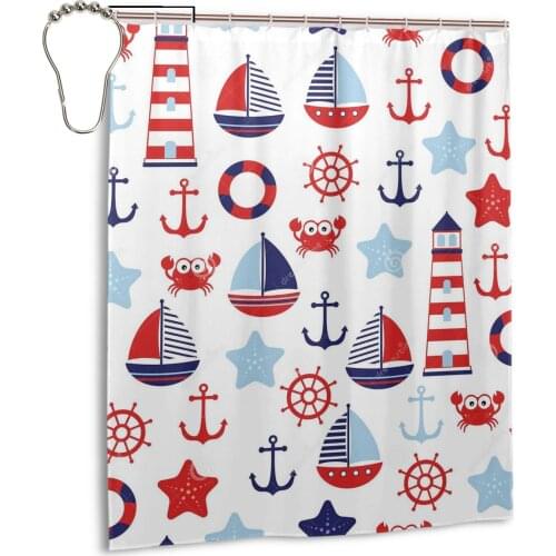 Waterproof Shower Curtain Polyester Lighthouse And Ship Shark Sea Wave Shell Showering Bath Decoration Curtains In The Bathroom