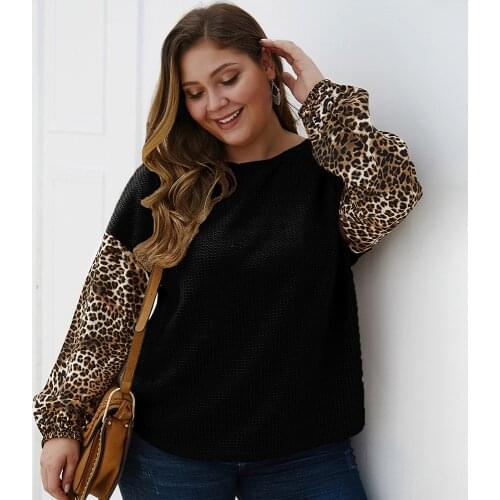 PlusSister Patchwork Plus Size Women Clothing Casual Leopard Knitting Autumn Womens Blouse O Neck Long Sleeve Loose Tops Tunic