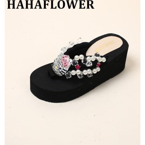HAHAFLOWER cute kitty thong slippers full Crystal diamond shiny beach shoes women flip flops glittering wedge sandals