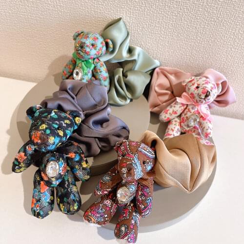 Women Hair Ties Elastic Rubber Bands Girl Fabric Cartoon Bear Bow Knot Korean Scrunchies Head Accessories Handmade Wholesale