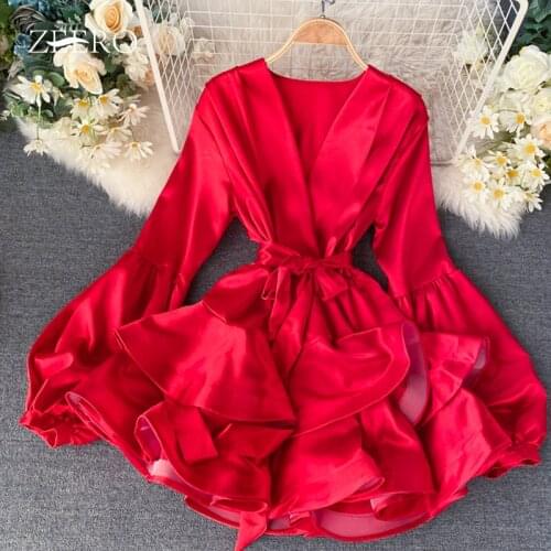 Spring Autumn Women Solid Color V-Neck Lantern Sleeve Stacked Ruffles Big Swing Mini Dress Korean Female Satin A-Line Dresses