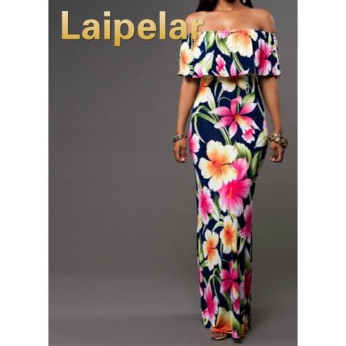 Laipelar Women Floral Summer Beach Dresses Slash Neck Party Evening Maxi Long Dress Ruffles Shoulder Tunic Sundress