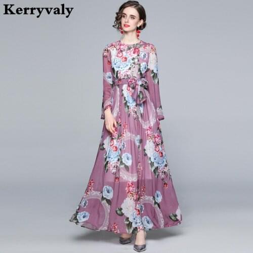 Bohemian Holiday Wind Big Swing Long-sleeved Chiffon Print Long Summer Beach Dress Women Maxi Dresses with Silk Scarf K6117