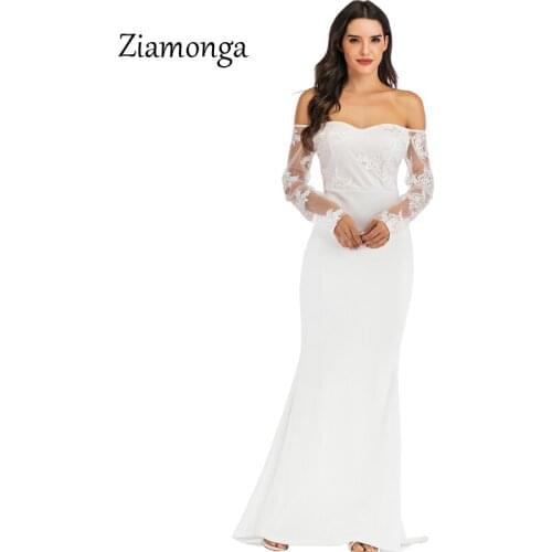 Ziamonga Women Maxi Dress Elegant Plus Size Mermaid High Waist Strapless Long Sleeve Female Fashion Retro Lace Party Long Dress