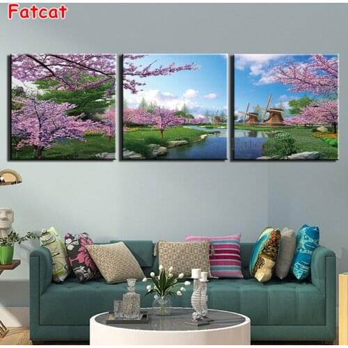 3 Pcs Diamond Embroidery Cherry Blossom Windmill Creek Natural Scenery Full Square Round 3D Rhinestone Kit Mosaic Decor PP391
