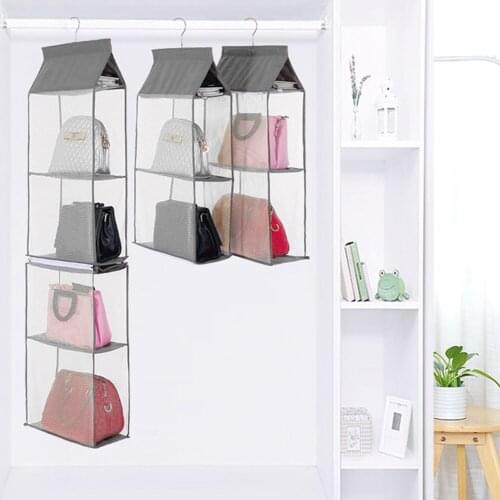 4-Tiers Non-woven Detachable Closet Bags Organizer Handbags Hanging Shelf Collapsible Clothing Accessories Storage Holder