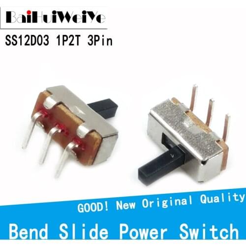 50Pcs SS12D03 On / Off Toggle Power Amplifier 1P2T Horizontal Block Foot 3Pin Bend Slide Power Switch 2 Positions Toggle Switch