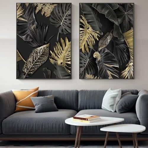 Abstract Black And Gold Plant Leaves Canvas Painting Print Poster Minimalist Wall Art Pictures For Living Room Home Decoration