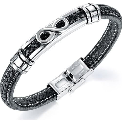 Infinity 8 Words Unlimited Bracelets for Men Boy Hand-Made Braided Leather Bracelet Stainless Steel Wristband Male Jewelry