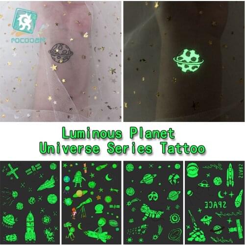 Big Luminous Astronaut Universe Temporary Tattoos Sticker For Kids Fake Tattoo Planets Star Moon Earth Sun Glowing in the Dark