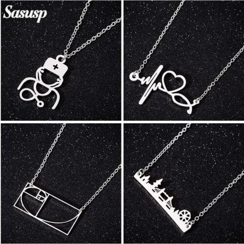 Sasusp Nurse Stethoscope Chain Necklace Women Heartbeat Golden ratio Pendant Neckalce For Doctor Nurse Special Gift