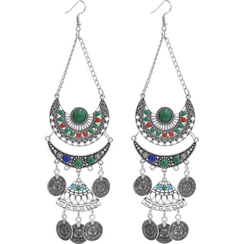 Gypsy Silver-Color Hollow colorful Rhinest crystal Coin Pendant Earrings for Women Metal Long Tassel Drop Dangle Earring Jewelry