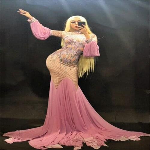 F95 Pink ballroom dance long dress Rhinestone Lantern sleeve Trailing skirt singer performance wears clothe party outfit club