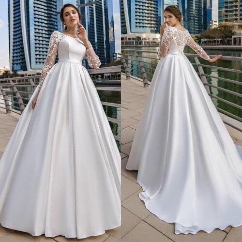 Elegant Satin Muslim Wedding Dress Long Sleeve Scoop Neck Beaded Applique A Line Bridal Gown Vestido De Novia Brautkleid