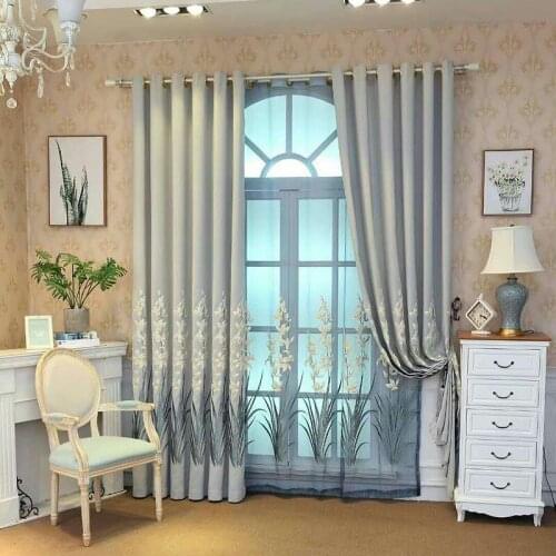European Laser Hemp Curtains for Living Dining Room Bedroom Flower Embroidery Blackout Curtains Tulle Fashion Voile