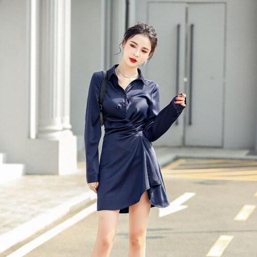 Korean Fashoin Blue Mini Womens Dress Sping Summer 2021 Office Lady Long Sleeve A-Line Elegant Dresses For Women Sundress Robe