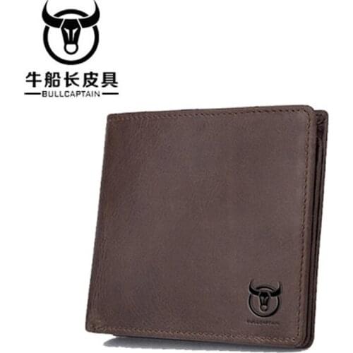 BULLCAPTAIN Fashion Genuine Cow Leather Men Wallet Coin Pocket Trifold Men Purse High Quality Male Card Photo Holder 2 color