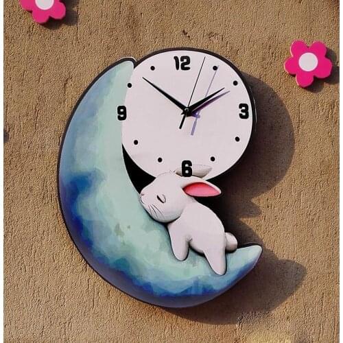 Cartoon Coloured Drawing Cute Moon Rabbit Wall Clock Mute Bedroom CHILDRENS Room Kindergarten Clock Creative Fashion Wall Clock