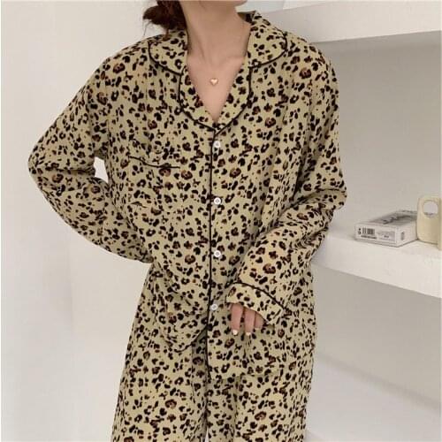 Fashion Leopard Retro Pajamas Set Long Sleeve Trousers Sleepwear Casual Home Suit Spring Autumn Pyjamas Women Outer Wear Clothes