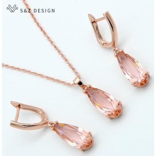 S&Z 6 Color Long Water Drop Dangle Zircon Earrings Jewelry Set 585 Rose Gold Color For Women Korean Fine Wedding Party Jewelry