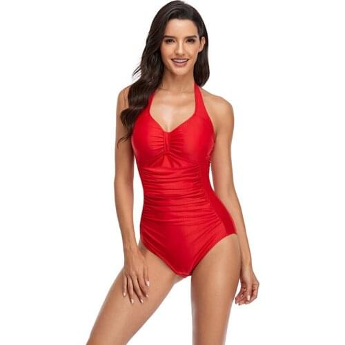 New Solid Color Swimsuit Covering Belly Slimming Halter Swimsuit Female European and American Sexy Halter Bikini High Waist
