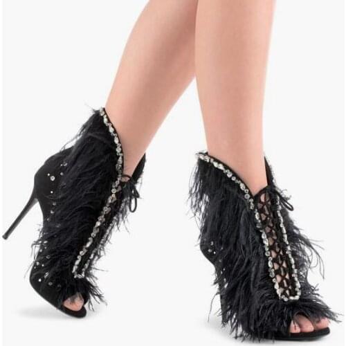 Spring Feather Patchwork Rhinestone Rim Women Lace Up Ankle Boots Sexy Ladies High Heel Boot Fashion Suede Leather Crystal Boot
