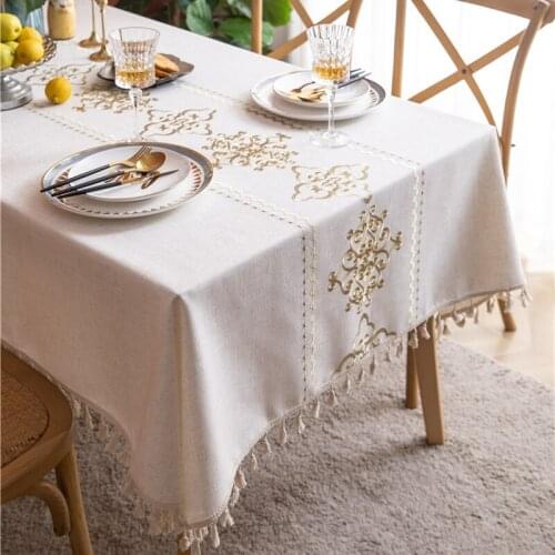 High-End Embroidery Tablecloth Chinese Style Flowers Tassel Hem Cotton Linen Dining Table Cloth Washable Fabric Table Cover