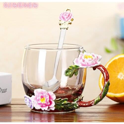 XINCHEN Enamel Colour Water Cups Ladies Flower Cups European Style Crystal Glass Tea Cups Home Tea Cup Office Tea Cup