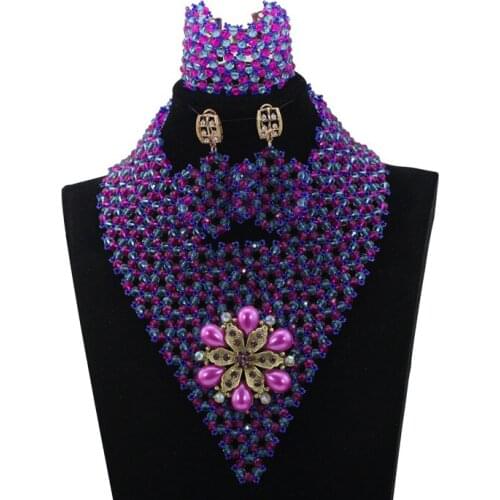 African Bead Necklace Set for Women Mix Fuchsia and Blue Indian Jewellery Set Chunky Bib Necklace Free Shipping HX652