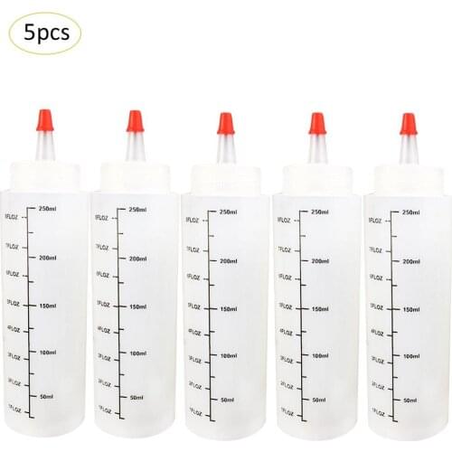 5pcs 250ML Salad Bottle Plastic Needle-nosed Bottle With Scale Squeezable With Leak-Proof Cap Sauce Bottle Kitchen Tools